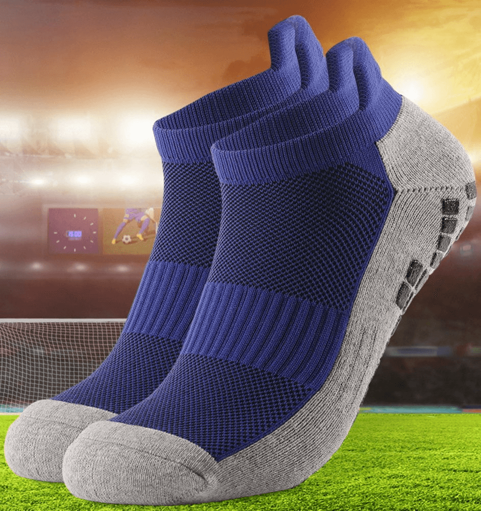 Stylish breathable non-slip sports socks with silicone soles, perfect for football, in vibrant blue and gray colors.